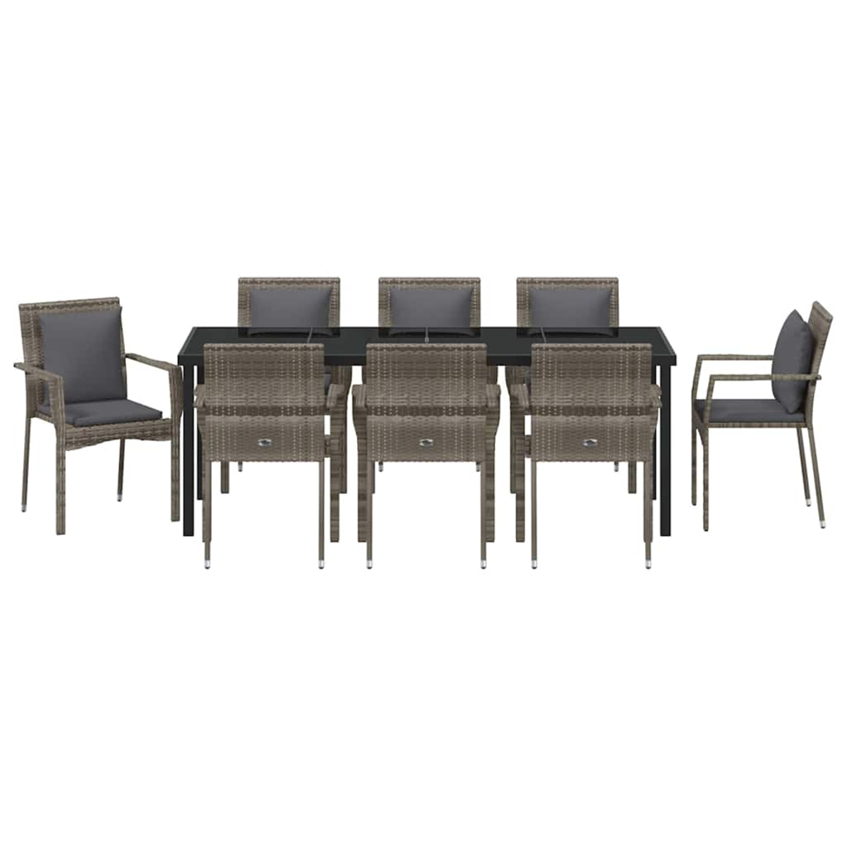 Ein Esstisch-Set mit dunklem Tisch und 8 Stühlen. Stühle sind graues Korbgeflecht mit grauen Kissen. Der Hintergrund ist weiß.