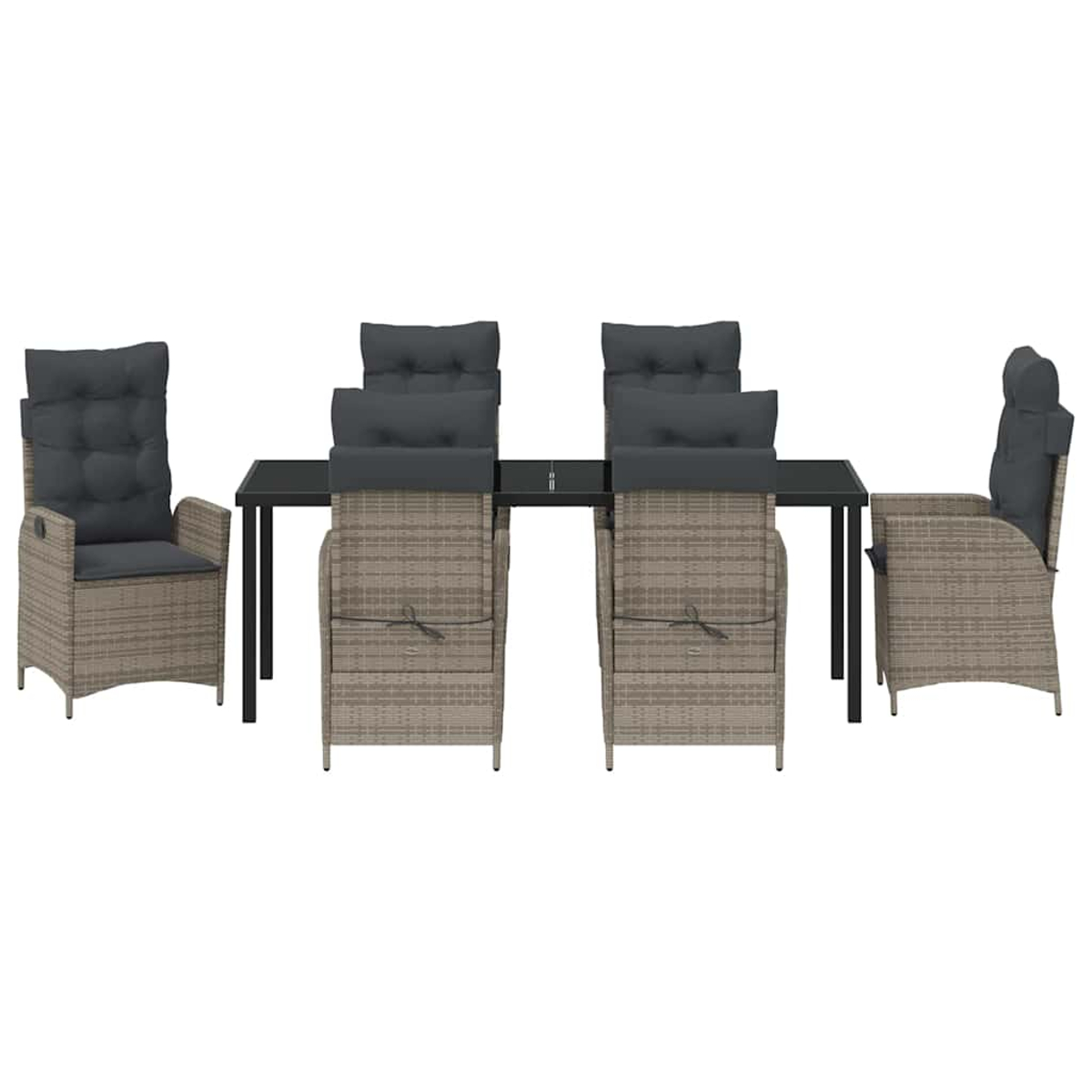 Ein Ess-Set mit Tisch und Stühlen. Die Stühle sind gewebt, mit grauen Kissen. Der Tisch hat eine schwarze Platte und Beine.