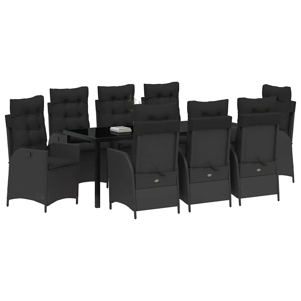 Ein schwarzes Ess-Set für den Außenbereich mit einem rechteckigen Tisch und acht Stühlen, alles auf weißem Hintergrund. Kleine Bücher liegen auf dem Tisch.
