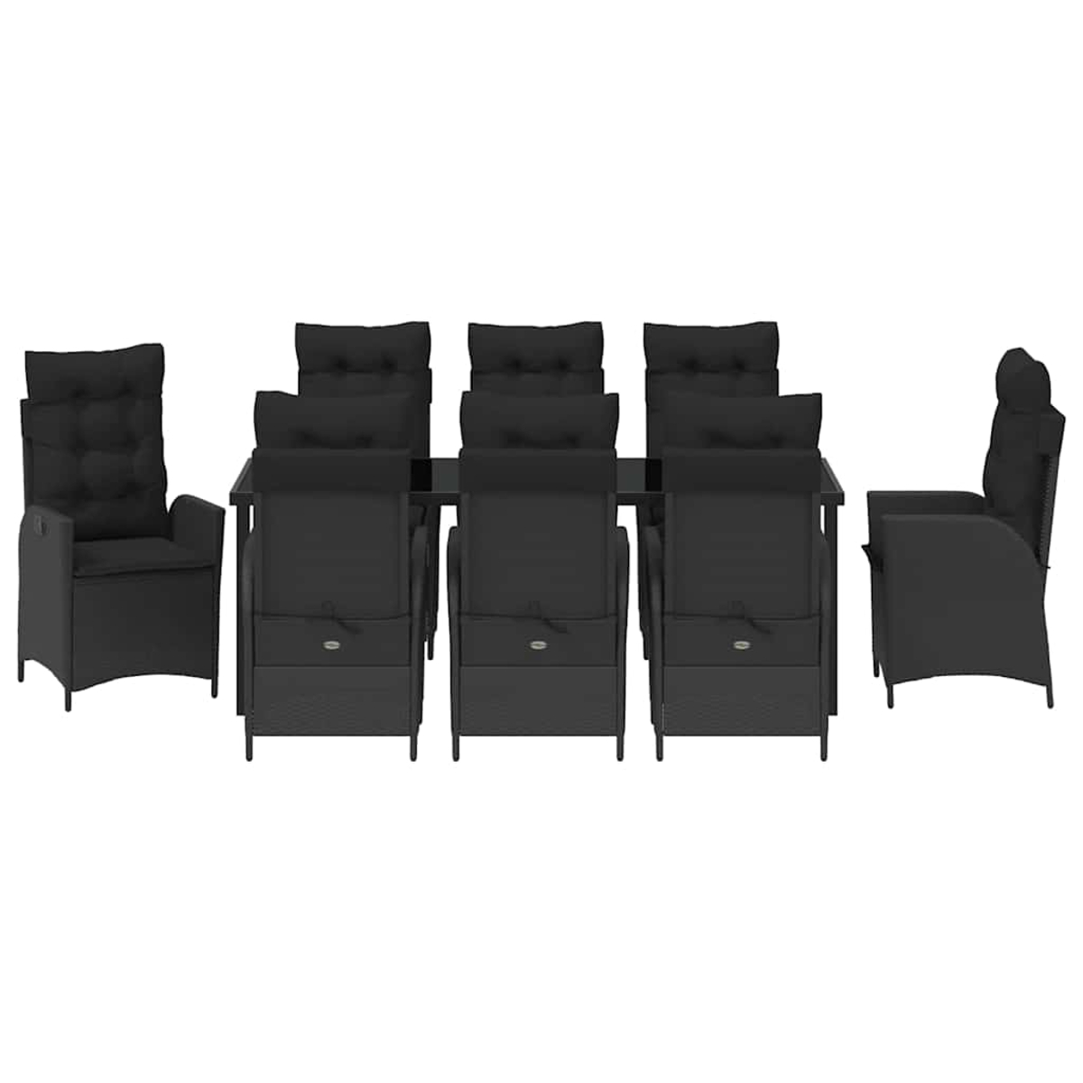 Ein schwarzes Ess-Set für draußen mit Tisch und Stühlen. Die Stühle haben Kissen. Das Set befindet sich auf weißem Hintergrund.