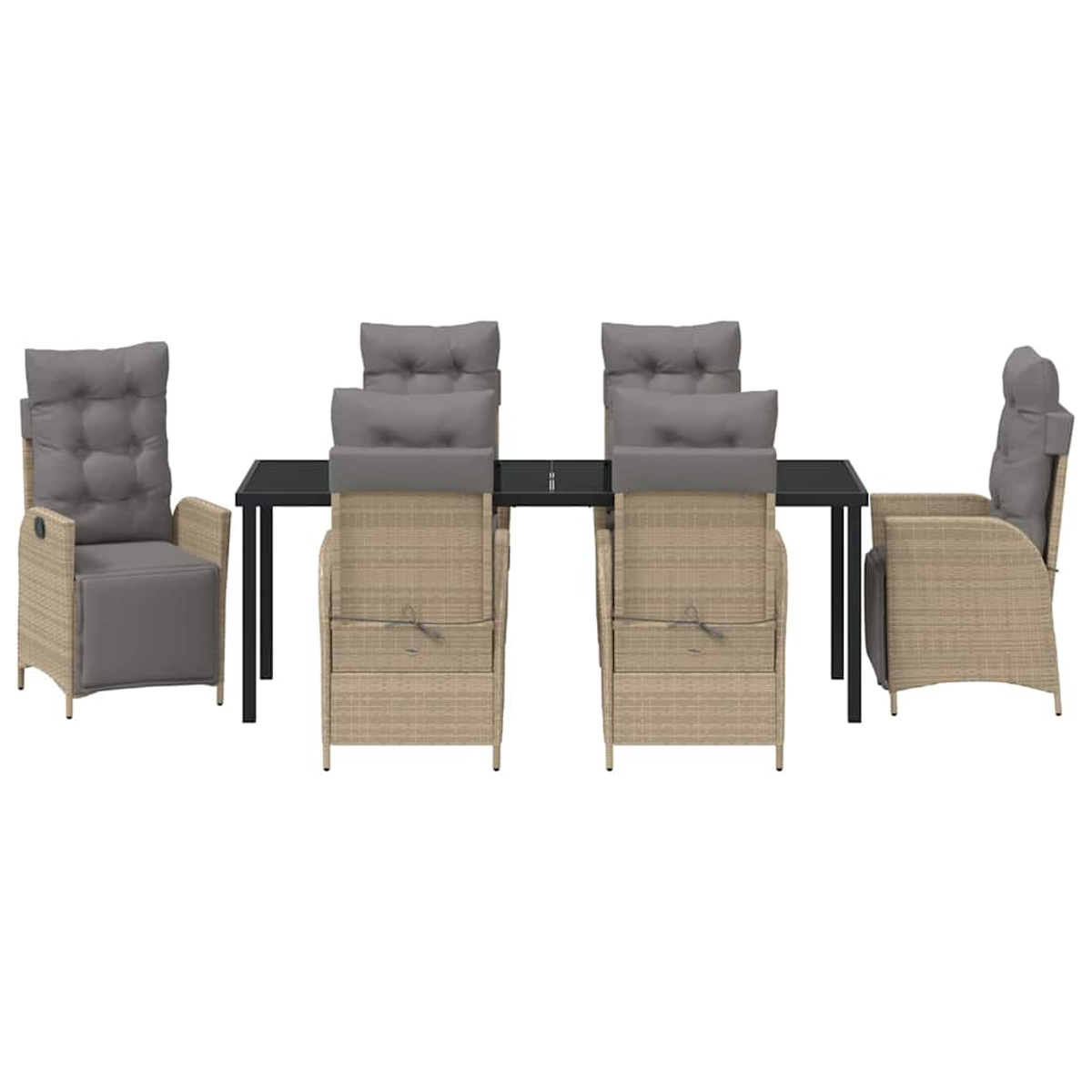 Ein Esszimmer-Set mit sechs Rattanstühlen und einem schwarzen Tisch. Stühle haben graue Kissen, angeordnet um den Tisch.