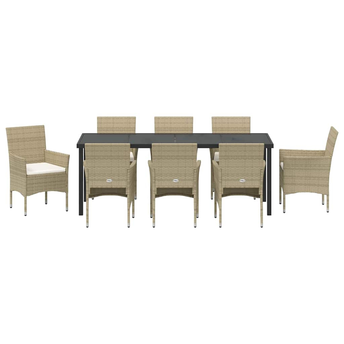 Ein Ess-Set mit einem rechteckigen Tisch und sechs Korbstühlen. Der Tisch ist schwarz. Die Stühle sind beige mit weißen Kissen.