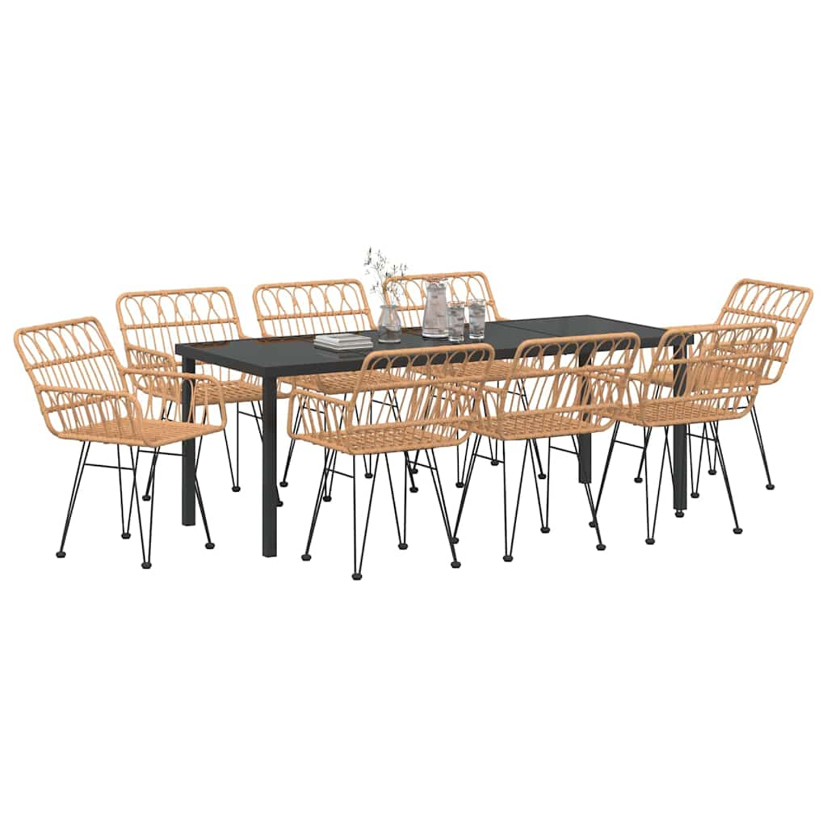 Ein Esstisch mit einem dunklen Tisch, acht Stühlen und dekorativen Gegenständen. Die Stühle haben schwarze Beine und sind um den Tisch angeordnet.