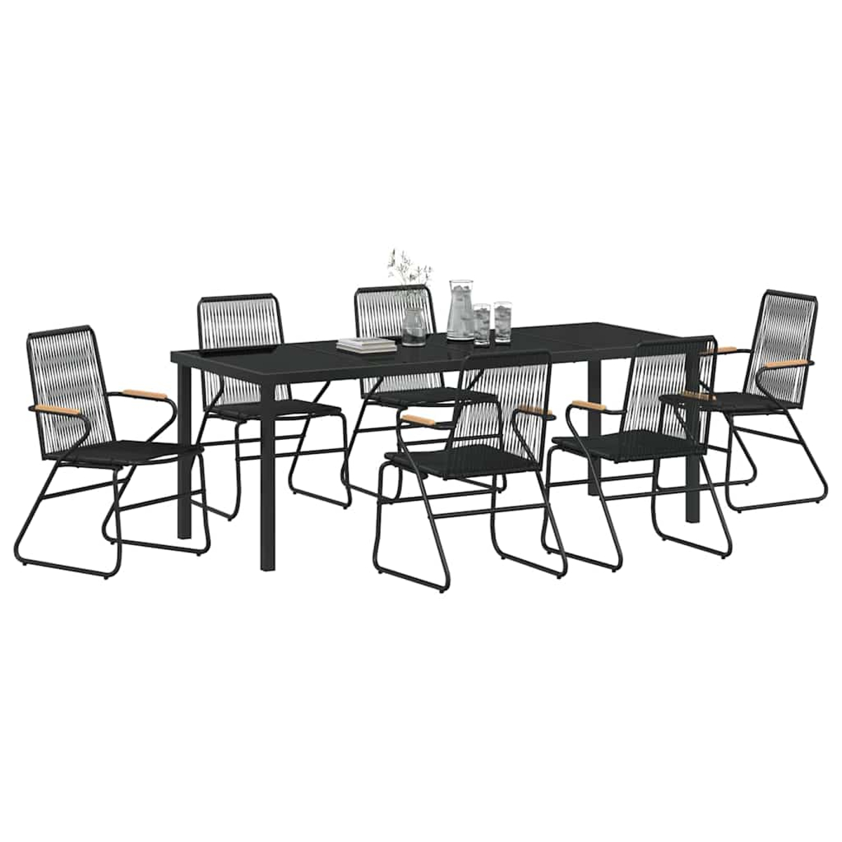 Ein schwarzes Ess-Set für den Außenbereich. Es umfasst einen rechteckigen Tisch und sechs Stühle. Die Stühle haben schwarze Rahmen und gewebte Sitze mit Holzarmlehnen.