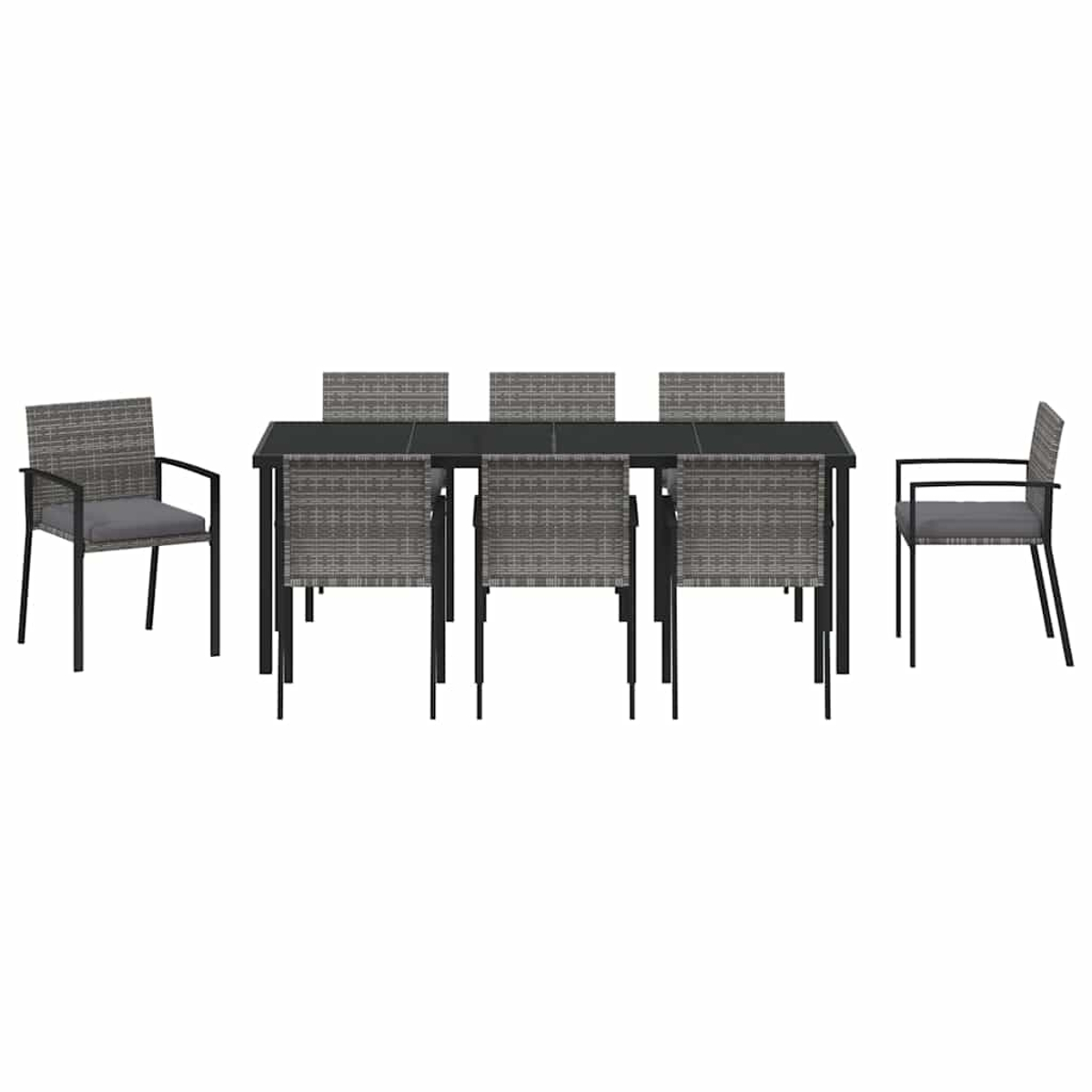 Ein Esszimmerset mit einem langen Tisch und sechs Stühlen, alle in Grau und Schwarz. Die Stühle sind um den Tisch angeordnet.