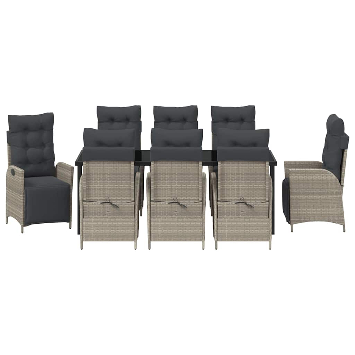 Essgruppe für draußen mit schwarzem Tisch und sechs Stühlen. Die Stühle sind gewebt, mit grauen Kissen.