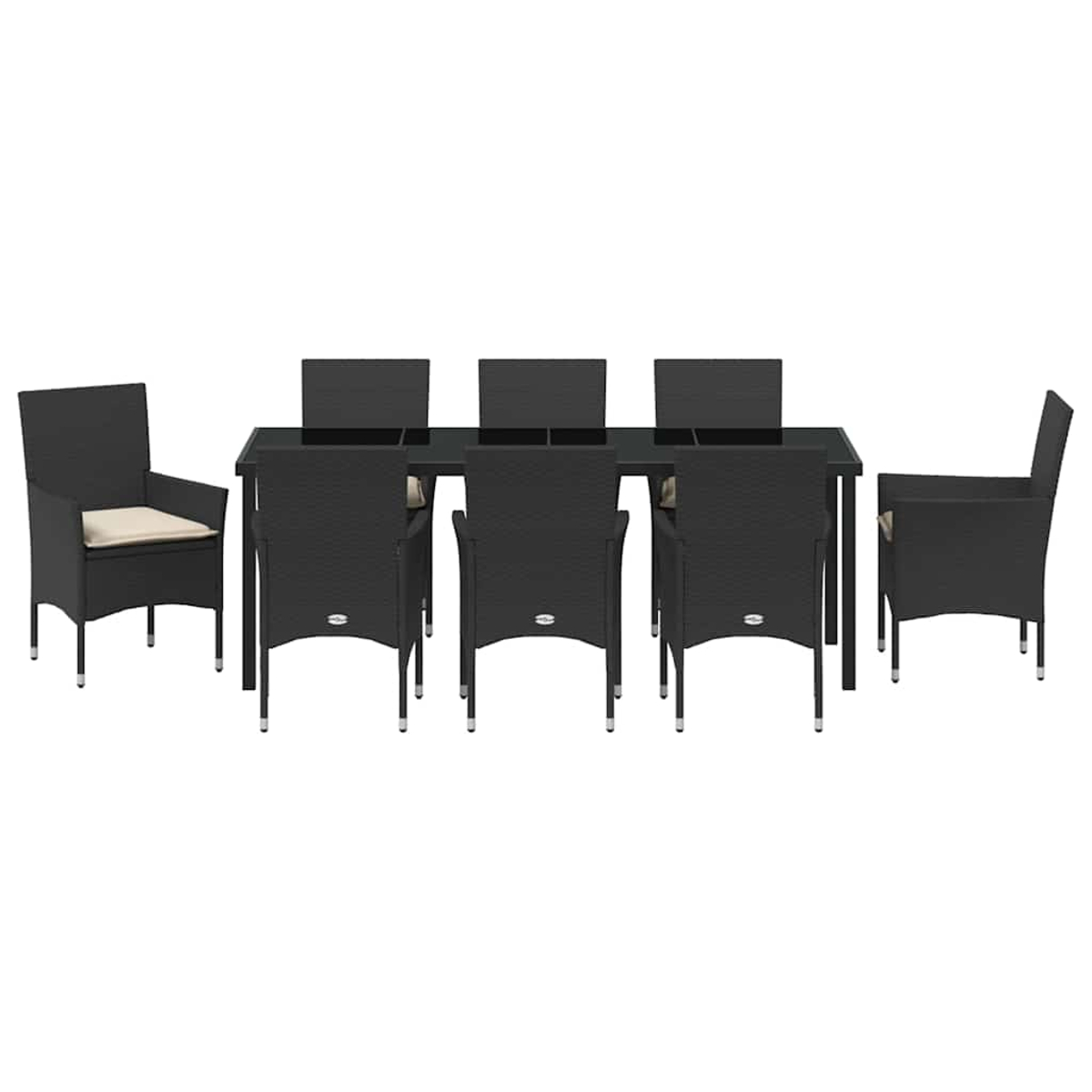 Ein schwarzes Ess-Set für den Außenbereich auf weißem Hintergrund. Es beinhaltet einen langen Tisch mit sechs Stühlen. Zwei zusätzliche Stühle stehen separat.