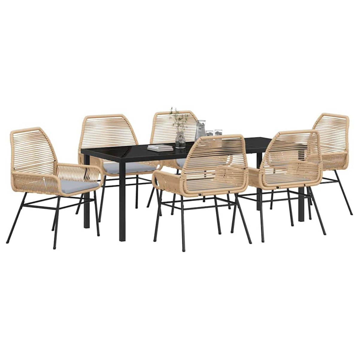 Essgruppe mit schwarzem Tisch und sechs Stühlen. Die Stühle haben geflochtene Rückenlehnen und Sitze. Der Tisch hat eine Glasplatte.