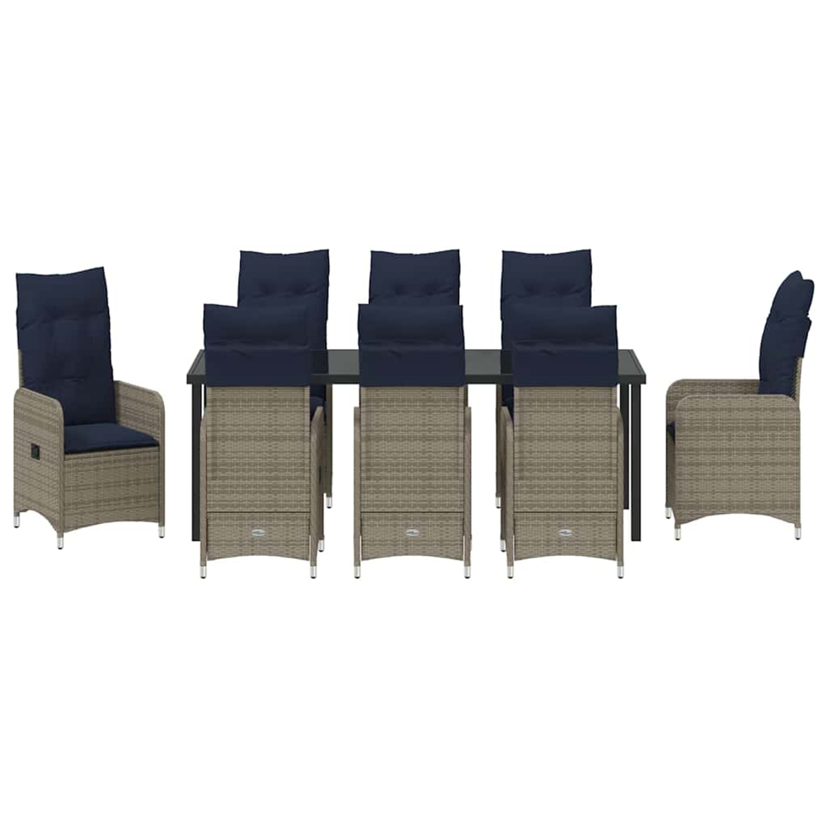 Essgruppe mit sechs Stühlen und einem Tisch. Die Stühle sind gewebt, mit dunkelblauen Kissen. Der Tisch hat eine Glasplatte und schwarze Beine.