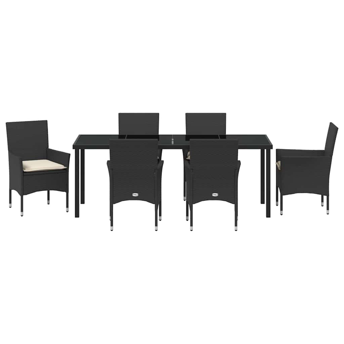 Un juego de comedor negro para exteriores con seis sillas y una mesa rectangular. Las sillas tienen cojines claros. Todo sobre fondo blanco.