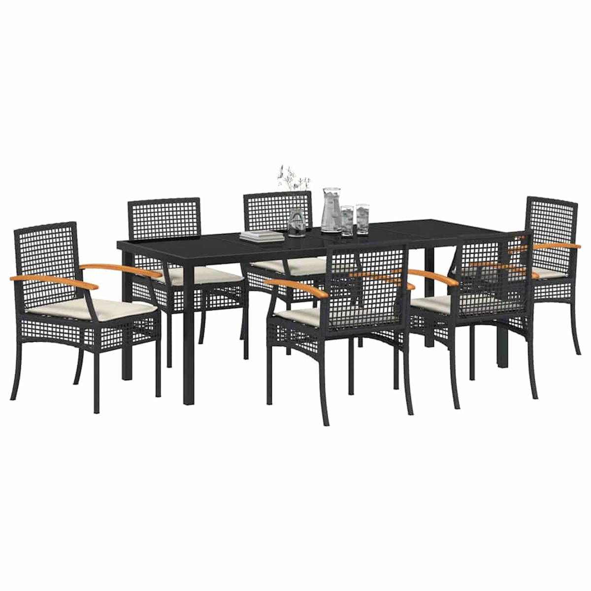 Un set da pranzo nero da esterno con un tavolo rettangolare e sei sedie. Le sedie hanno schienali intrecciati e braccioli con cuscini beige.