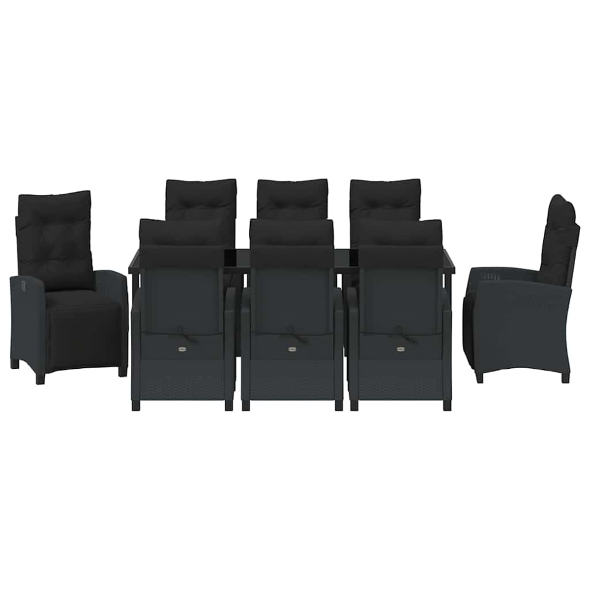 Ein Set aus Gartenmöbeln. Enthält einen Tisch und sechs schwarze Stühle mit Kissen, vor weißem Hintergrund angeordnet.