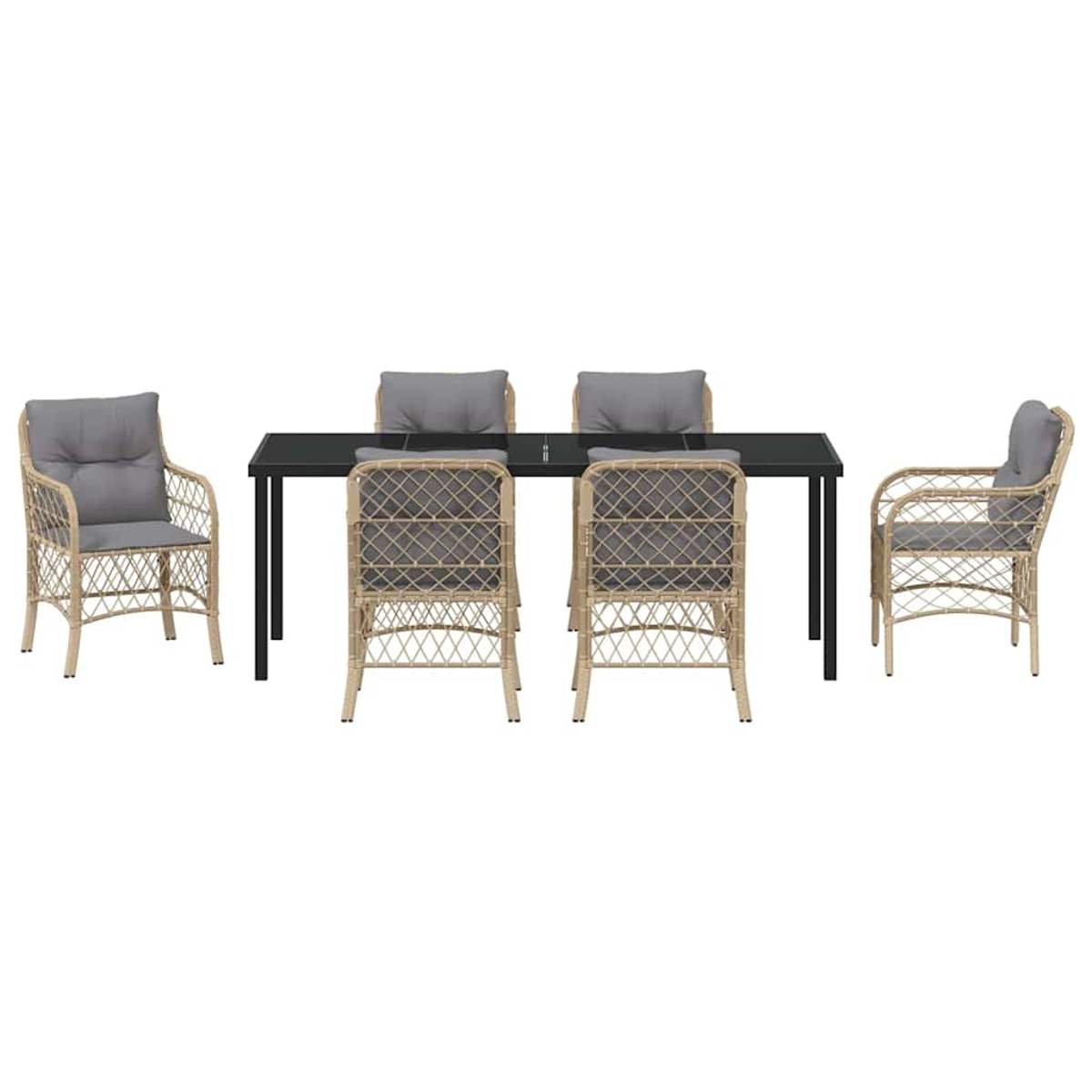 Ein Ess-Set mit einem schwarzen Tisch und 6 Stühlen. Stühle sind gewebt mit grauen Kissen. Der Tisch hat eine schwarze Oberfläche und schwarze Beine.