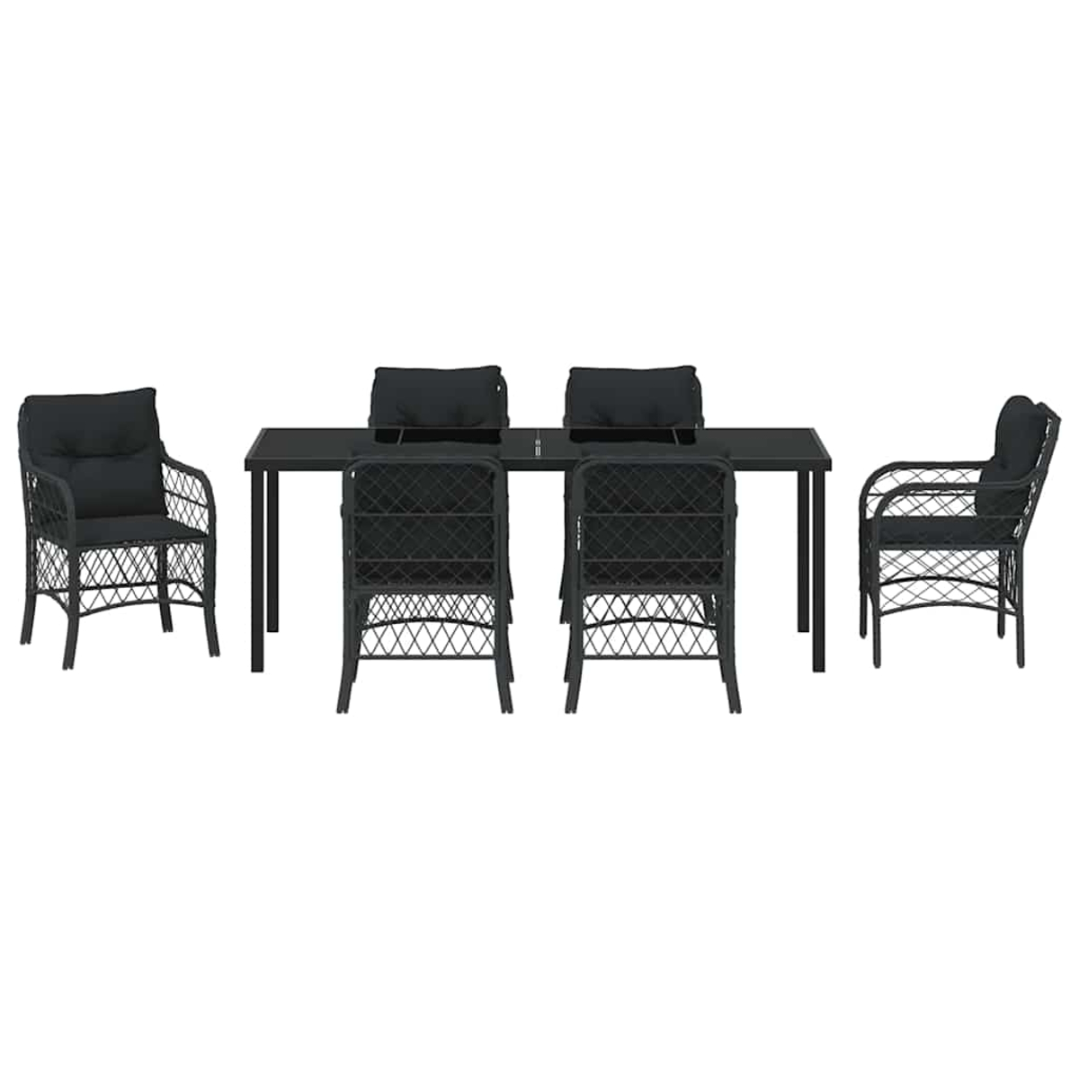 Ein schwarzes Ess-Set für den Außenbereich auf weißem Hintergrund. Es umfasst einen Tisch und Stühle mit Kissen.