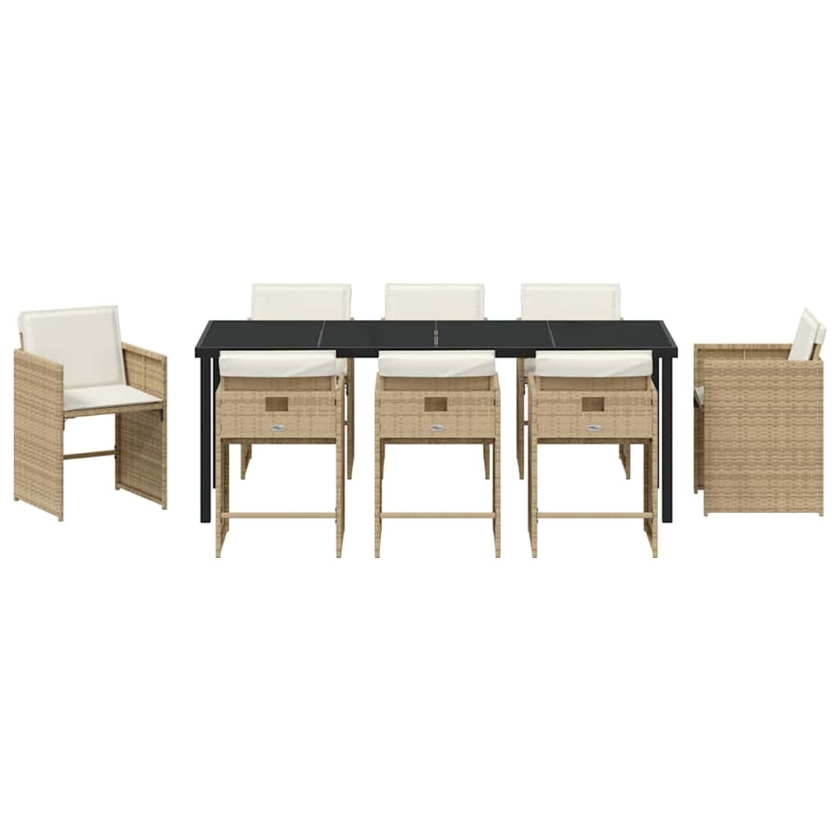 Un set da pranzo con tavolo nero e sedie in vimini beige. Cuscini bianchi sulle sedie. Il set è isolato su sfondo bianco.