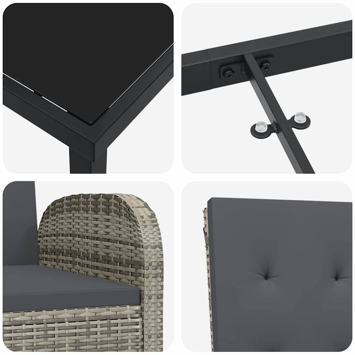 Nahaufnahme von Outdoor-Möbelteilen: Tisch-Ecke, Metallrahmen, Korbstuhl und Kissen. Neutrale Töne dominieren.