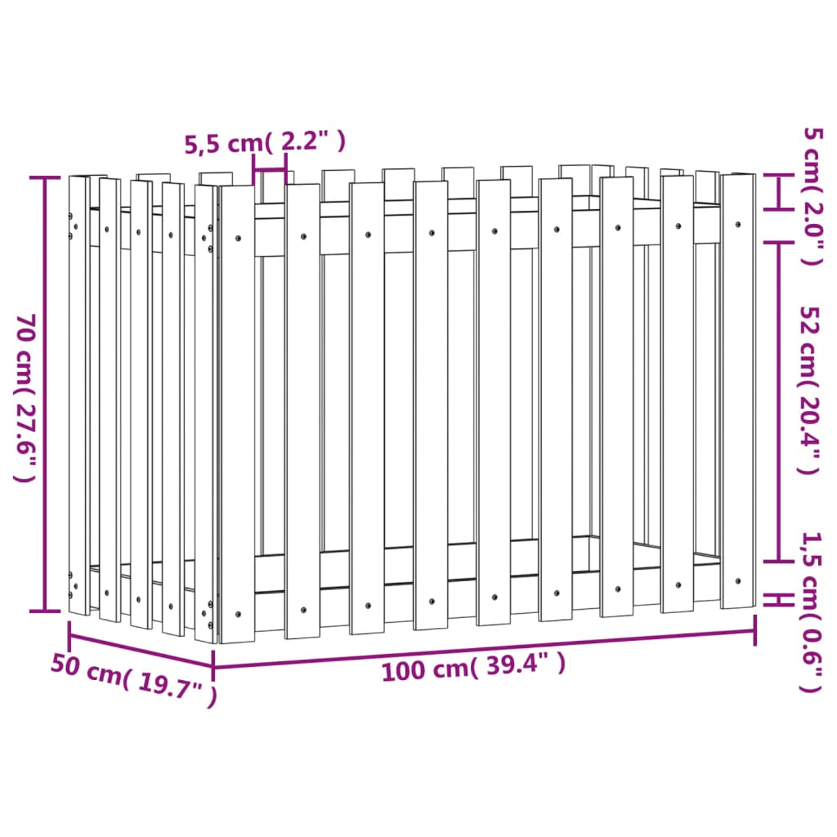 Diagramm eines Holzzauns mit Abmessungen. Der Zaun ist 100 cm lang, 70 cm hoch und 50 cm breit.