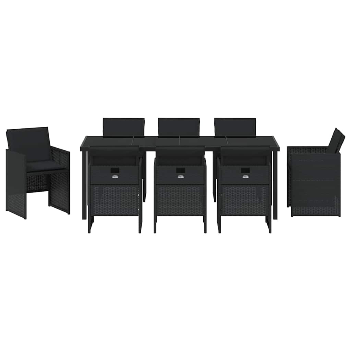 Ein schwarzes Ess-Set für den Außenbereich auf weißem Hintergrund. Es umfasst einen langen Tisch, Stühle und Stauräume.