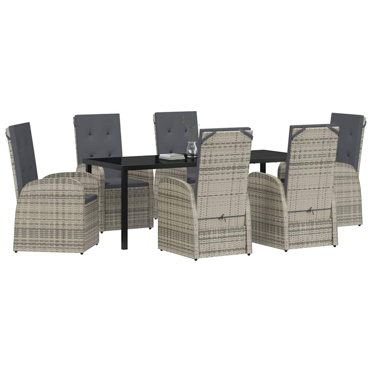 Ein Ess-Set mit einem schwarzen Tisch und sechs Stühlen. Die Stühle haben graue Kissen und ein hellbraunes Webmuster.