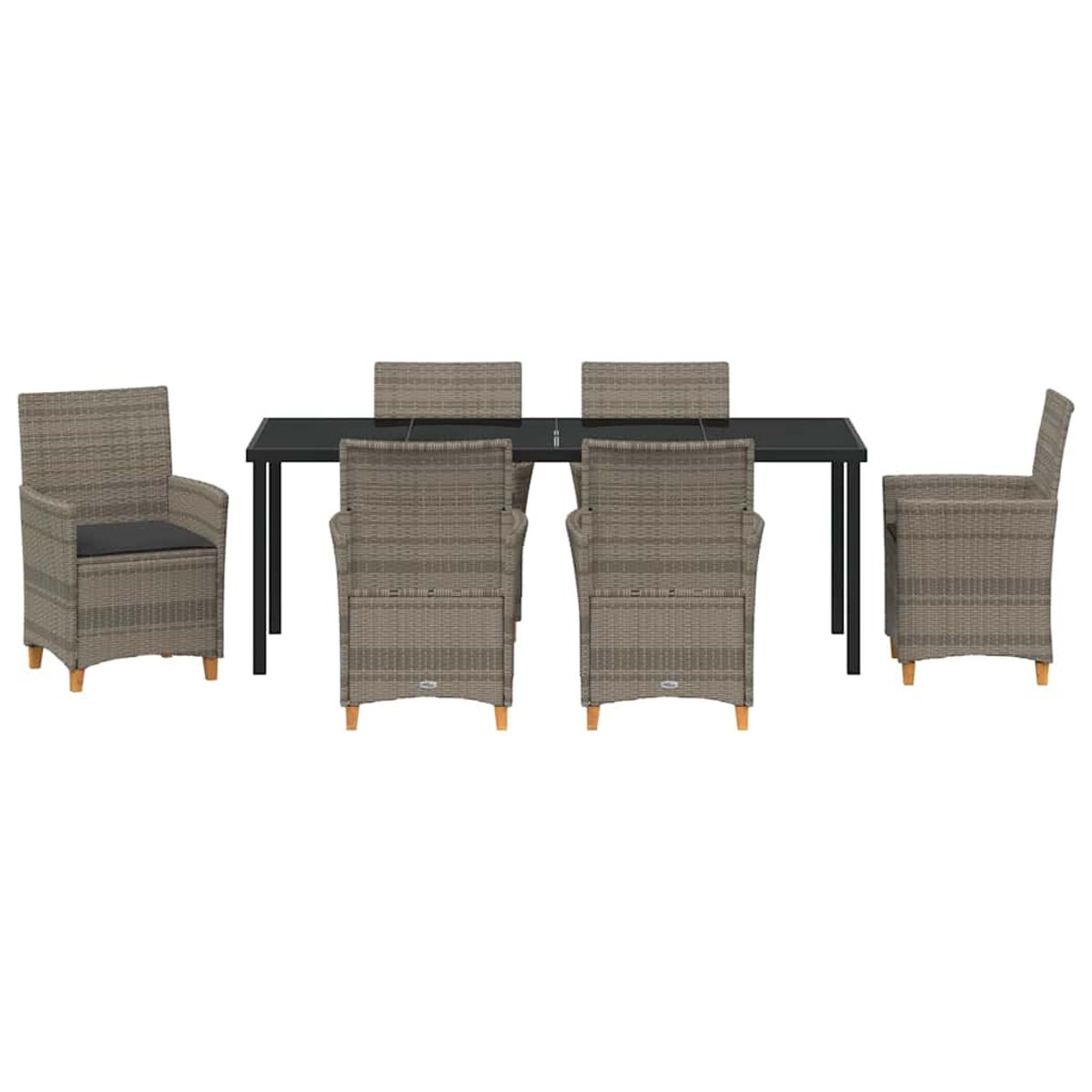 Ein Esstisch-Set mit schwarzem Tisch und sechs gewebten Stühlen. Die Stühle sind grau mit schwarzen Kissen. Das Set befindet sich auf weißem Hintergrund.