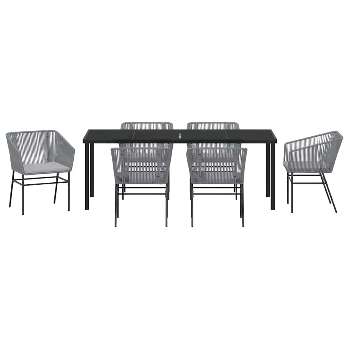 Ein modernes Ess-Set für den Außenbereich. Es umfasst einen schwarzen Tisch mit sechs grauen Seilstühlen. Die Stühle haben schwarze Beine und graue Kissen.