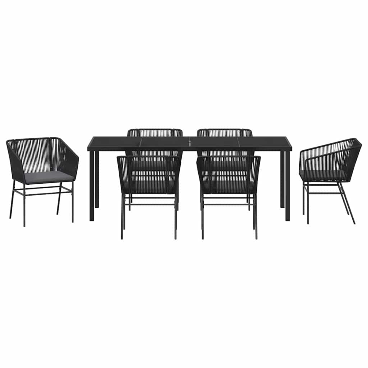 Ein schwarzes Ess-Set für den Außenbereich auf weißem Hintergrund. Es umfasst einen Tisch und Stühle. Die Stühle haben graue Kissen.