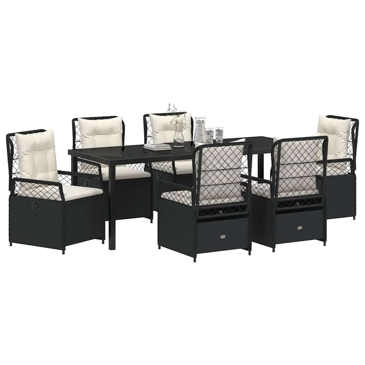 Ein schwarzes Ess-Set für den Außenbereich mit Tisch und sechs Stühlen. Stühle haben Kissen und Rückenlehnen aus Metallgitter.
