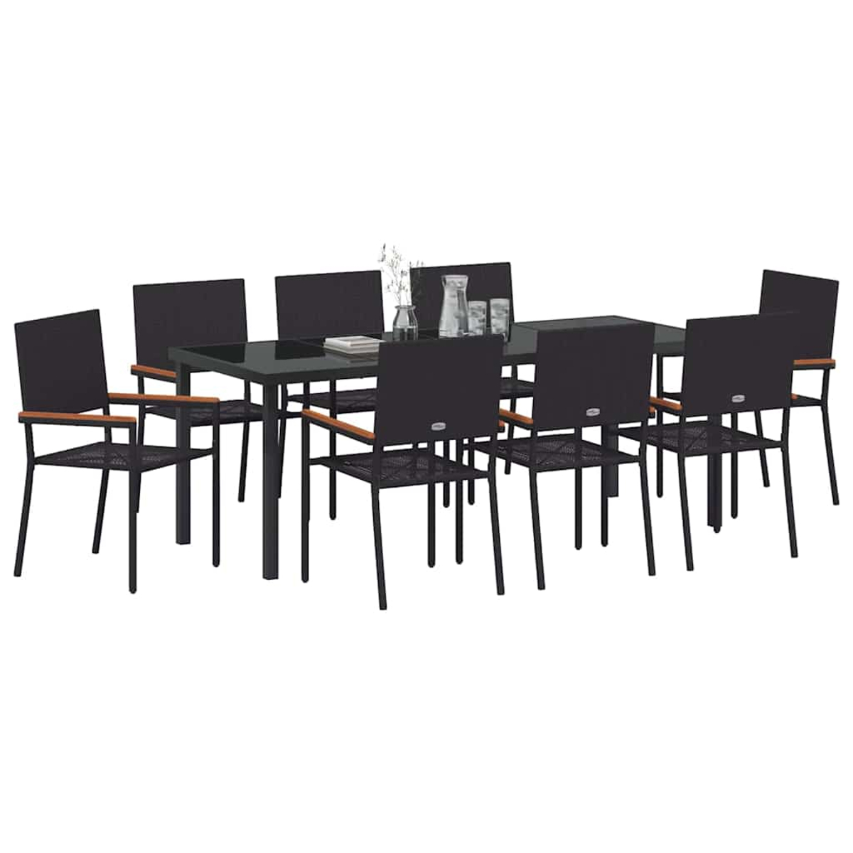 Un juego de comedor con mesa y sillas negras. Las sillas tienen asientos y respaldos negros tejidos con apoyabrazos de madera. Cristalería en la mesa.