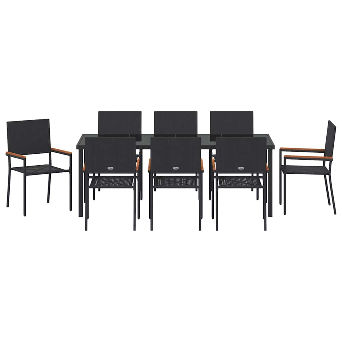 Un juego de comedor con una mesa rectangular y seis sillas. Las sillas son negras con reposabrazos de madera, dispuestas alrededor de la mesa.