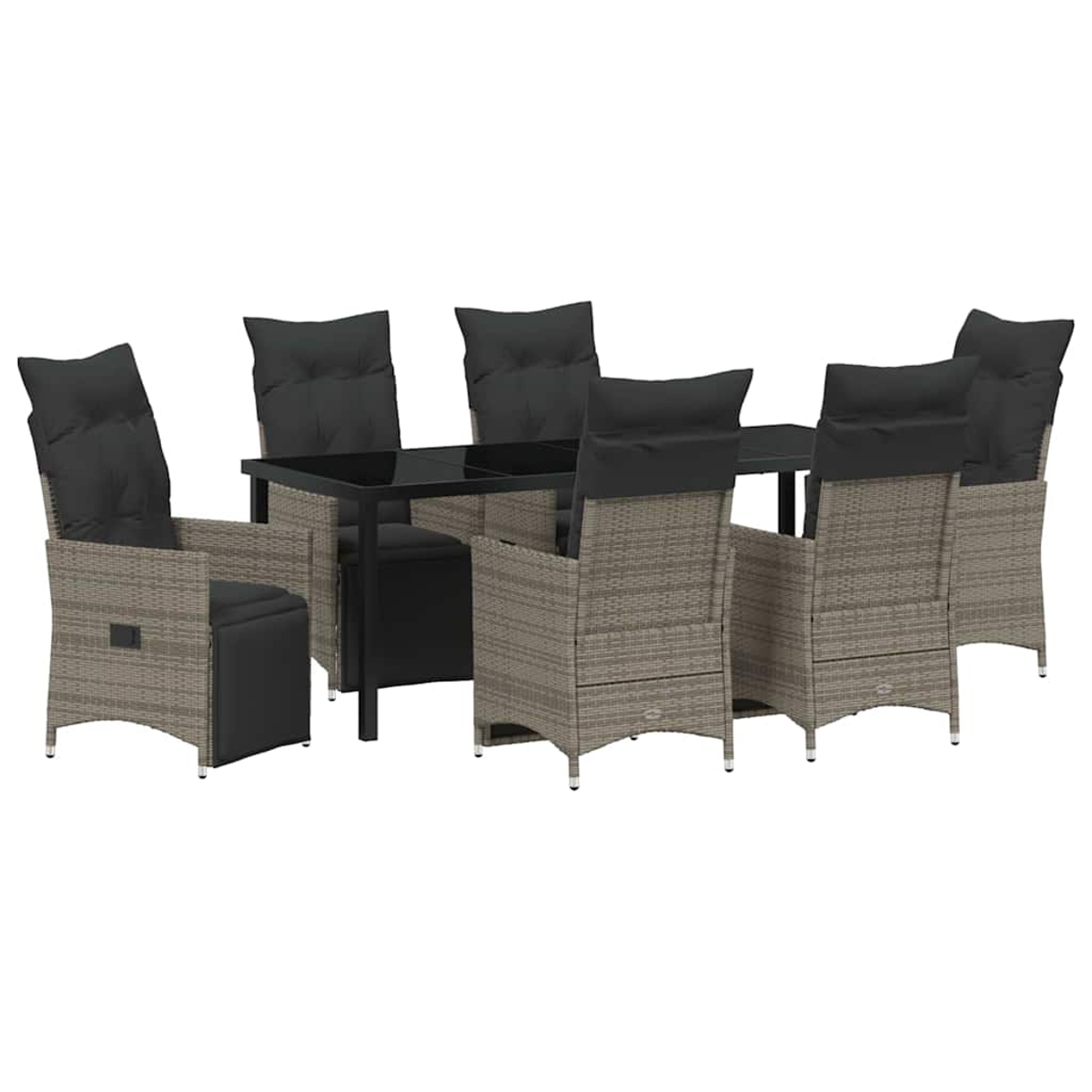 Ein Esstisch-Set mit einem rechteckigen Tisch und sechs Stühlen. Die Stühle sind grau gewebt, mit schwarzen Kissen und Kopfstützen.