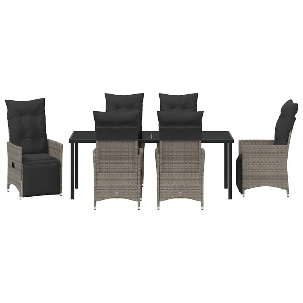 Gartengarnitur: Tisch und sechs Stühle. Stühle haben graues Korbgeflecht und schwarze Kissen. Tisch hat schwarze Beine und eine Platte.
