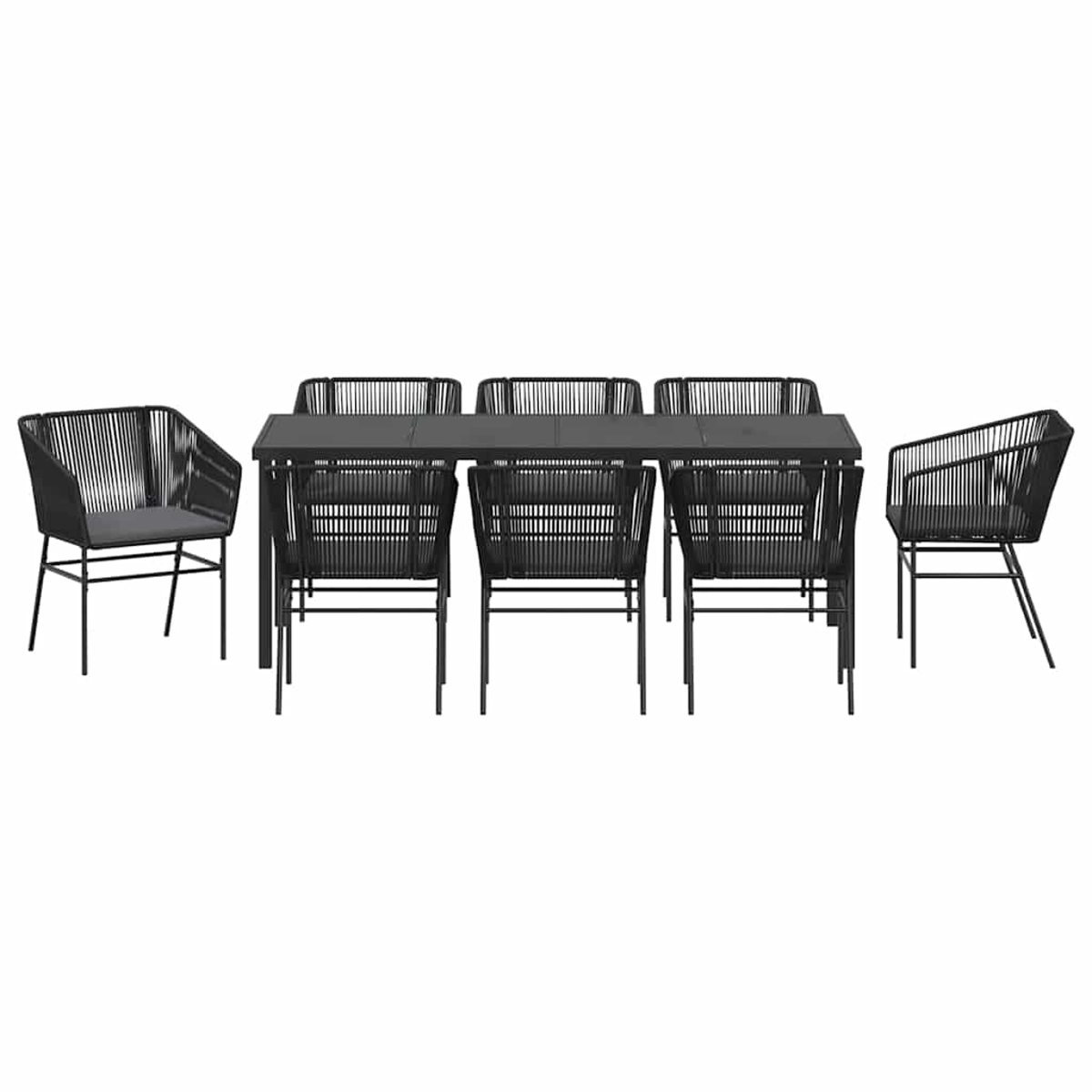 Ein modernes Ess-Set für den Außenbereich. Es umfasst einen dunkelgrauen Tisch und sechs schwarze Stühle mit grauen Kissen.