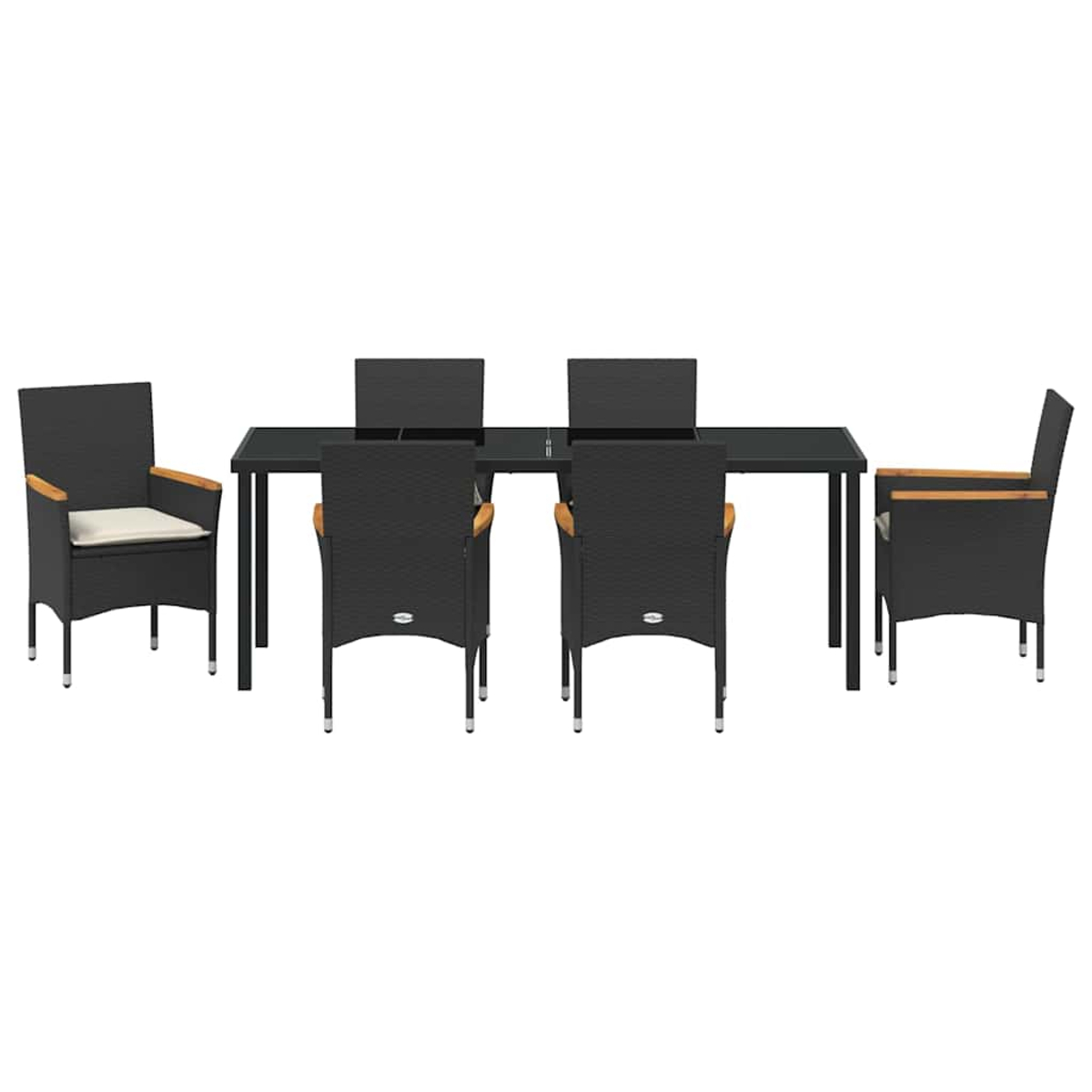 Ein schwarzes Ess-Set für den Außenbereich mit einem rechteckigen Tisch und sechs Stühlen. Die Stühle haben helle Kissen und Holzarmlehnen.