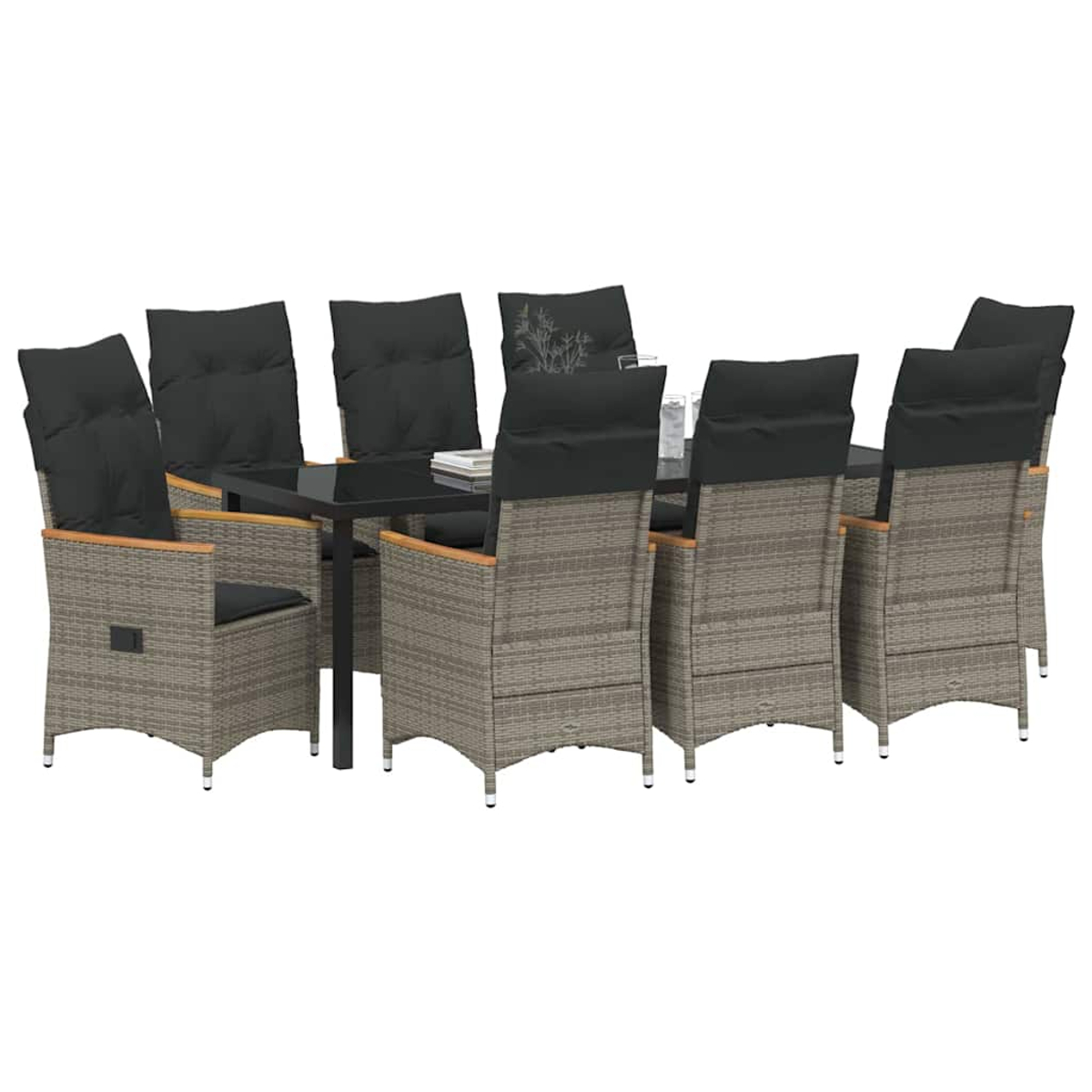 Ein Ess-Set mit einem schwarzen Glastisch und acht grauen Korbstühlen mit schwarzen Kissen. Die Stühle sind um den Tisch angeordnet.