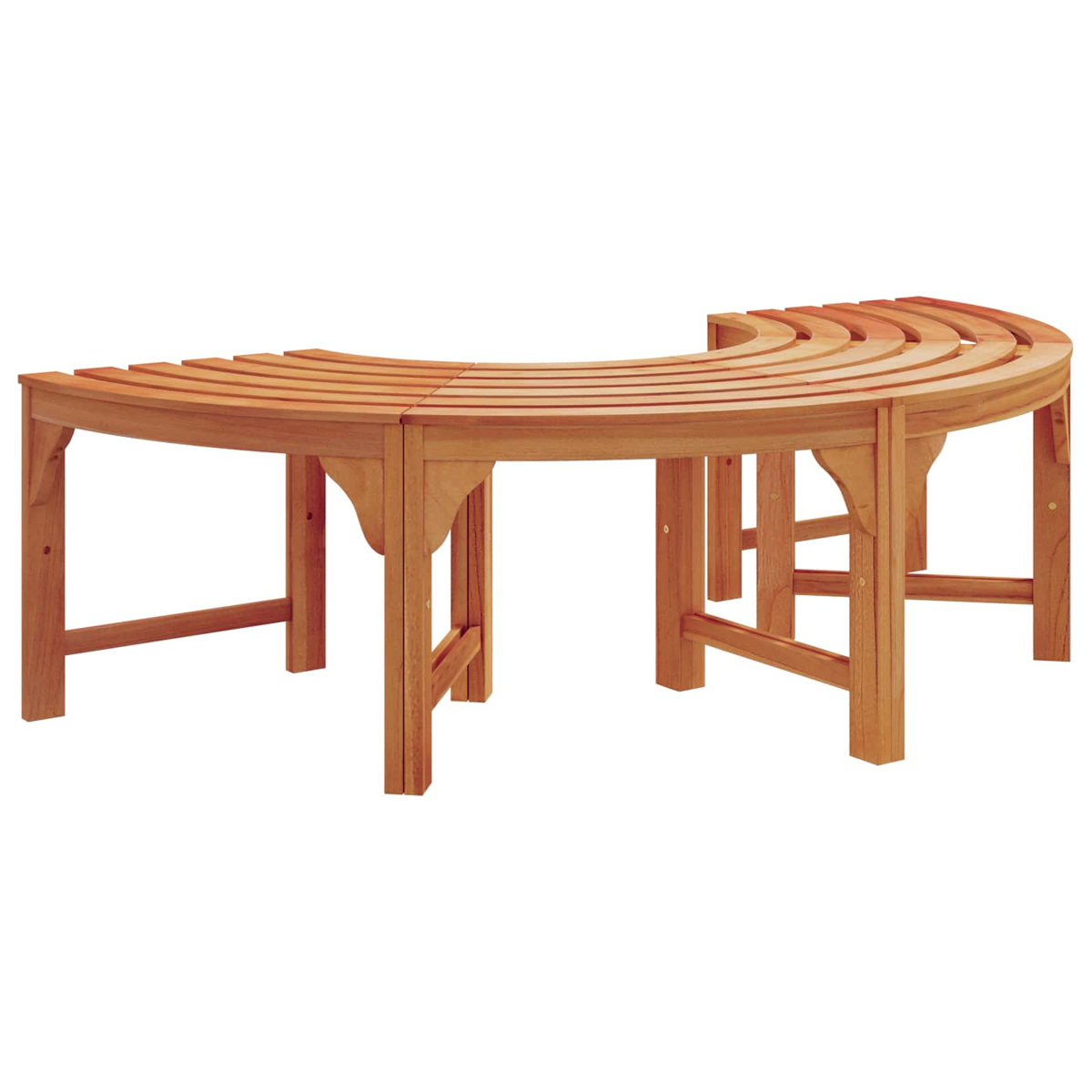 Eine gebogene Holzbank mit Lattenrost. Sie besteht aus hellbraunem Holz und hat eine halbkreisförmige Form.
