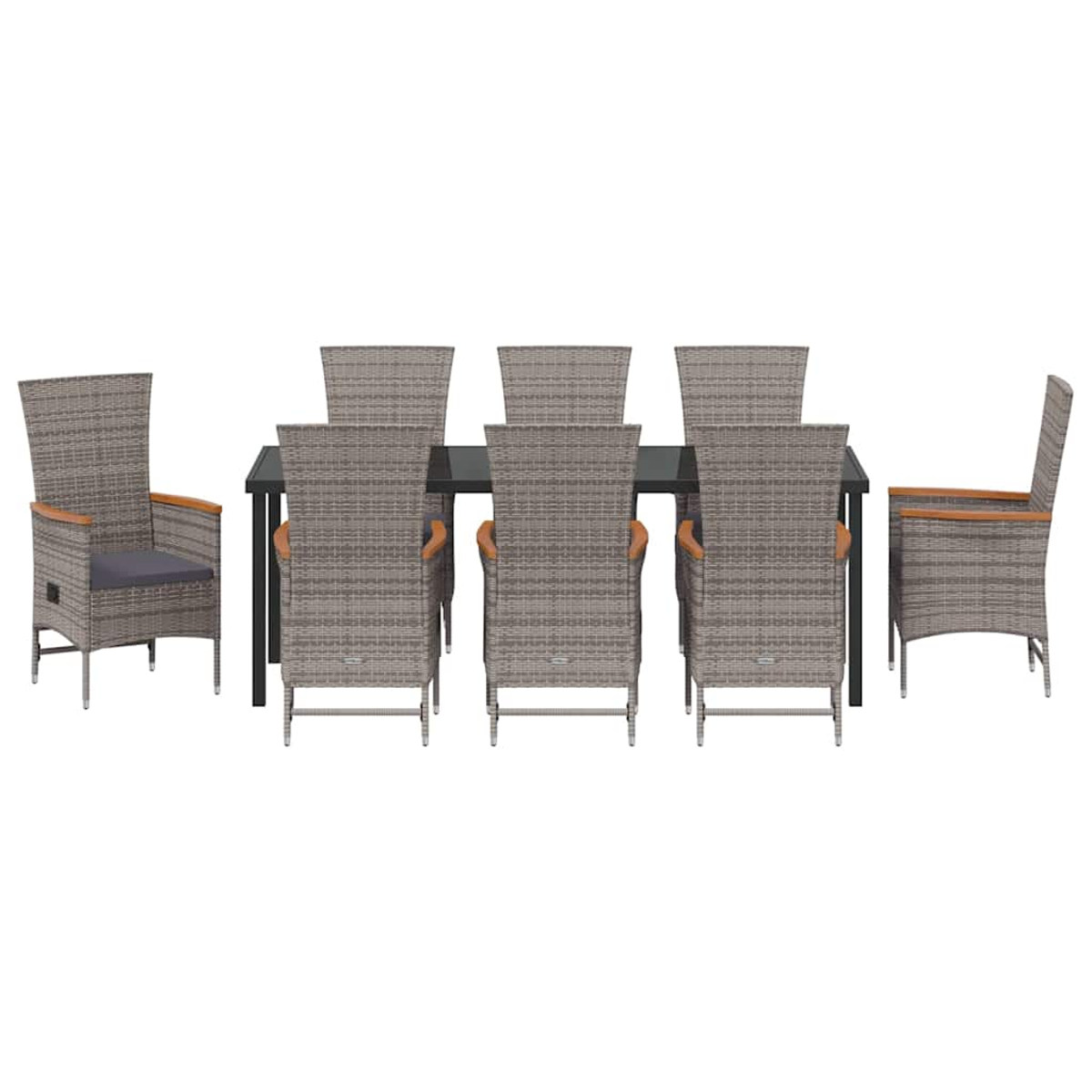 Essgruppe mit Tisch und Stühlen. Die Stühle sind aus grauem Korbgeflecht mit Holzarmlehnen und umgeben einen schwarzen Tisch.