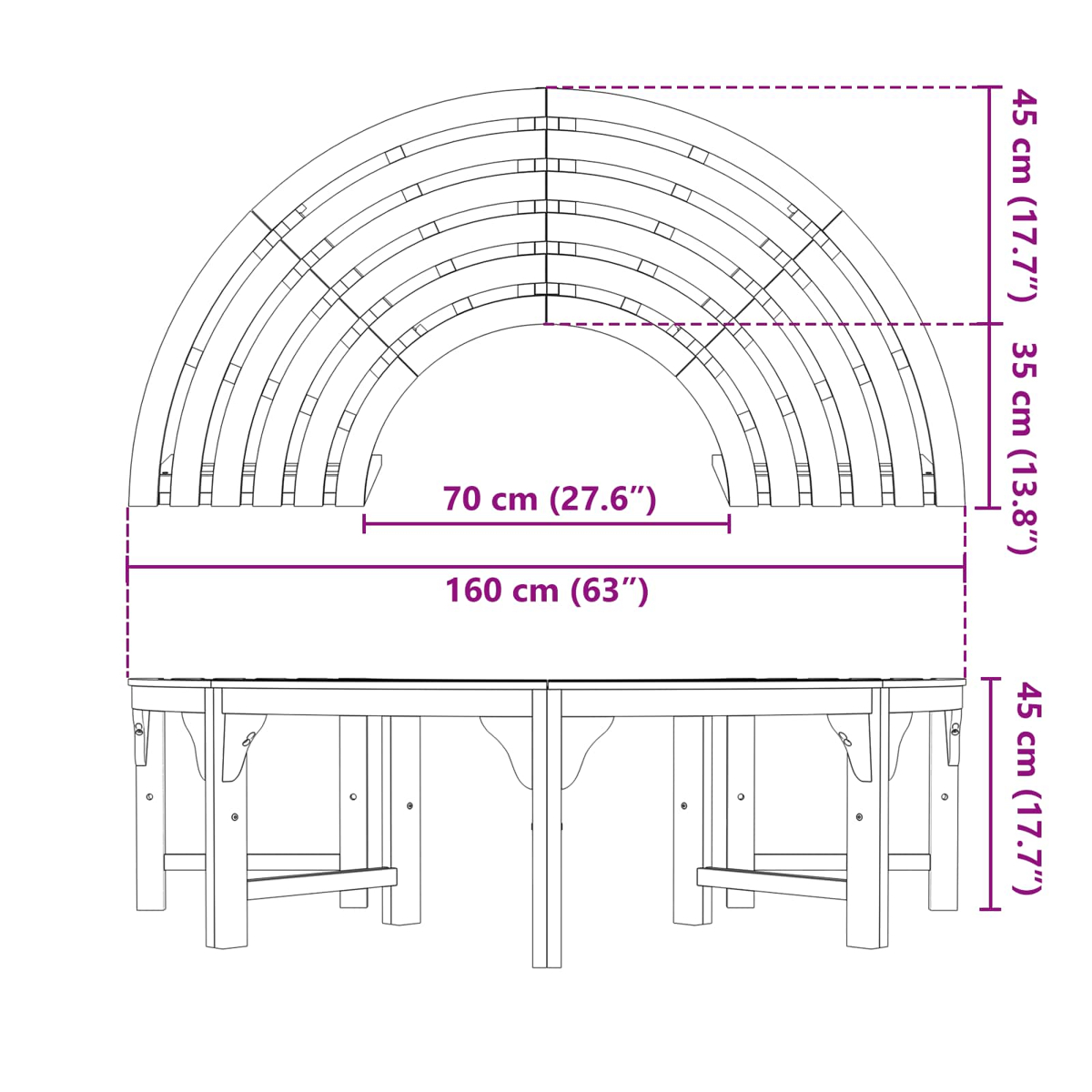 Diagramm einer Holzbank mit gewölbter Rückenlehne. Maße sind in Zentimetern und Zoll angegeben.