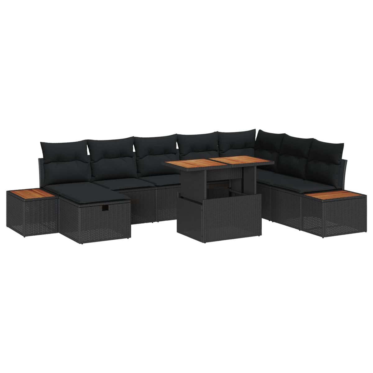 Outdoor-Ecksofa-Set mit schwarzen Kissen und Korbgeweben, mit Holztisch. Inklusive Ottomane und Tisch mit Hubfunktion.