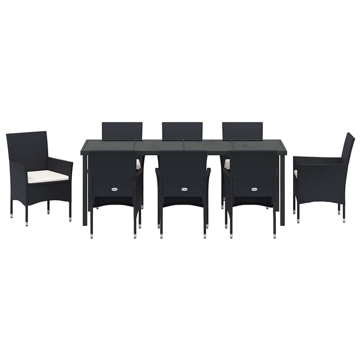 Ein schwarzes Ess-Set für den Außenbereich mit einem rechteckigen Tisch und sechs Stühlen. Stühle haben weiße Kissen.