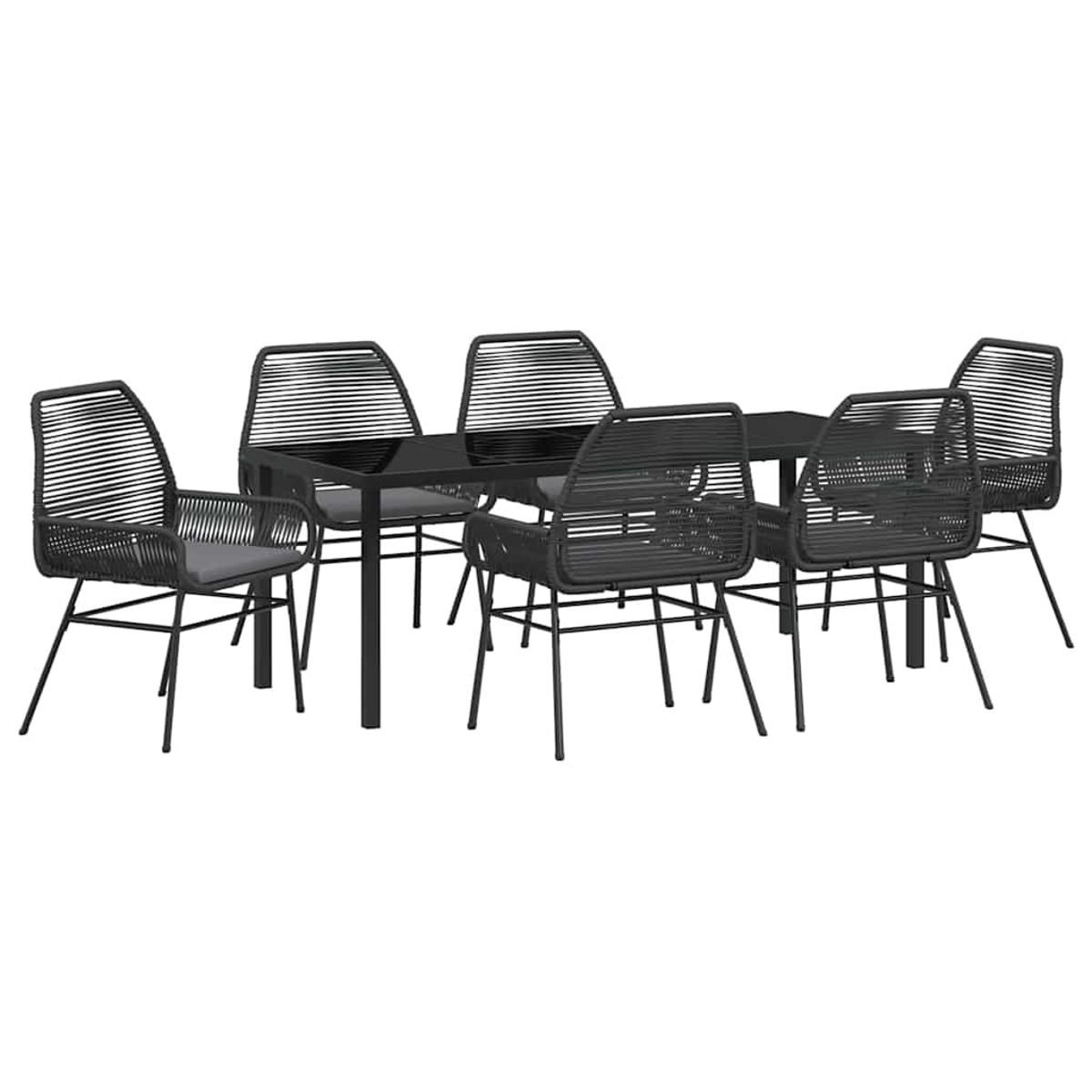 Ein schwarzes Ess-Set für den Außenbereich mit einem rechteckigen Tisch und sechs Stühlen. Stühle mit grauen Kissen und schwarzen gewebten Rücken.