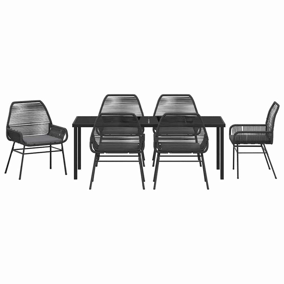 Ein schwarzes Ess-Set für den Außenbereich auf weißem Hintergrund. Es umfasst einen Tisch und Stühle. Die Stühle sind gewebt und haben ein modernes Design.
