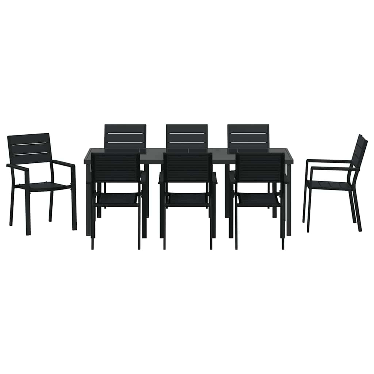 Ein schwarzes Ess-Set im Freien auf weißem Hintergrund. Es umfasst einen rechteckigen Tisch und sechs Stühle.