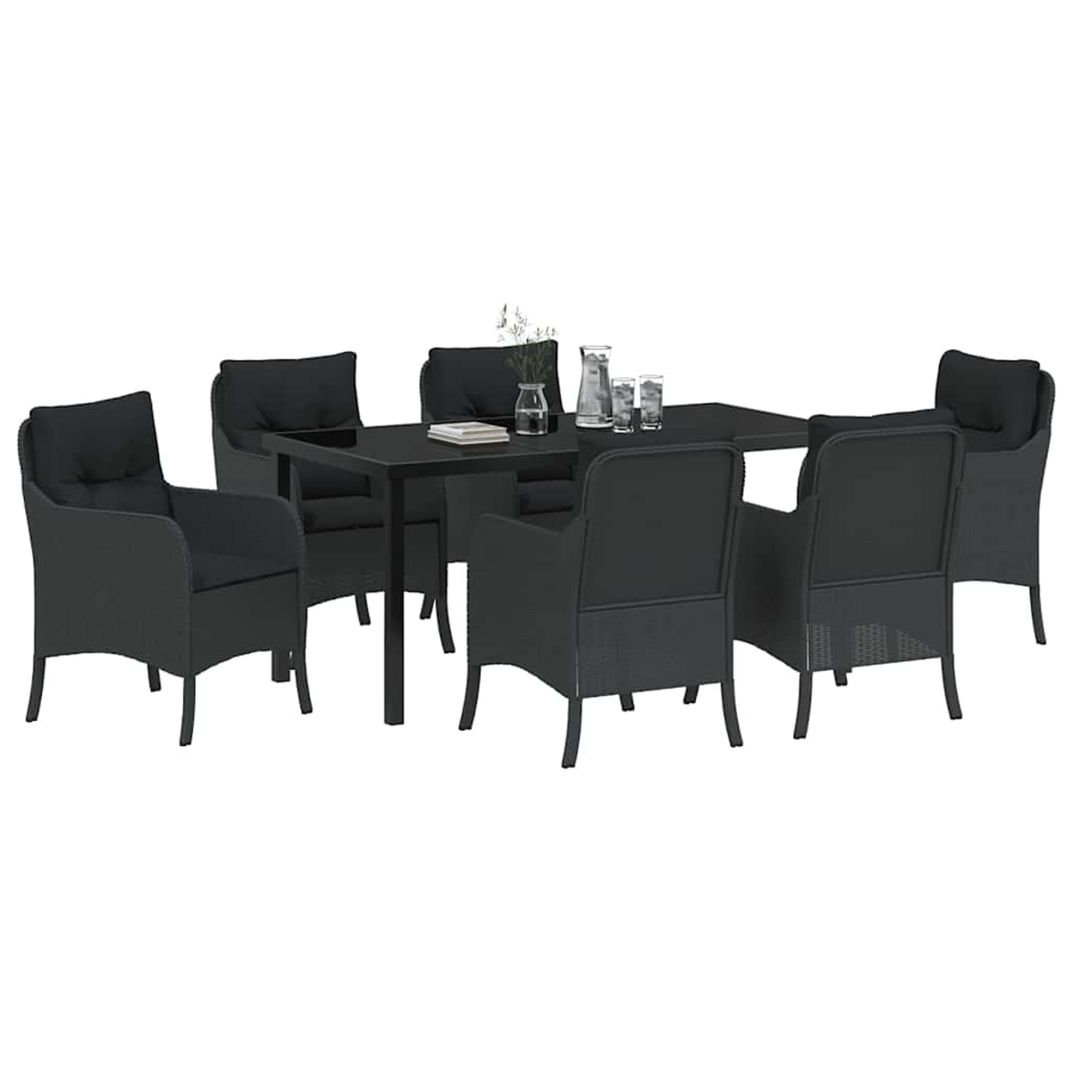 Ein schwarzes Ess-Set für den Außenbereich mit rechteckigem Tisch und sechs Sesseln. Tisch mit Wasserkrug und Gläsern. Weißer Hintergrund.