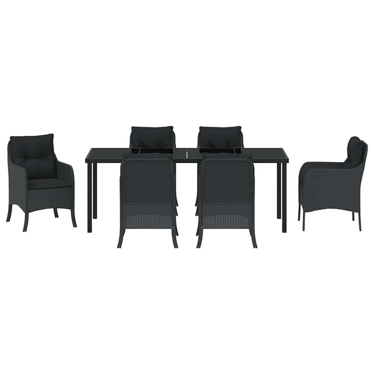 Ein schwarzes Ess-Set im Freien auf weißem Hintergrund. Es umfasst einen rechteckigen Tisch und sechs Stühle mit Kissen.