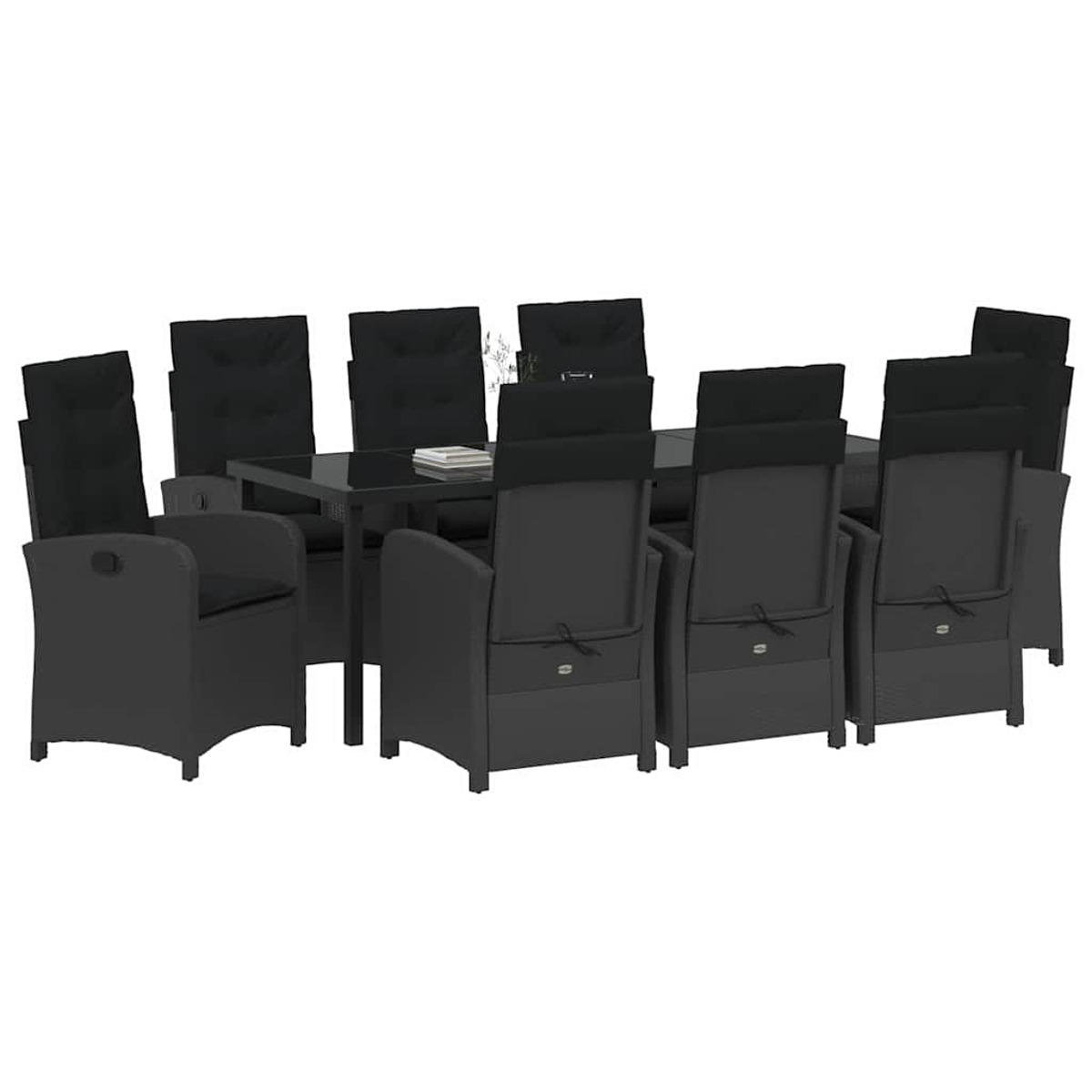 Ein dunkles Ess-Set für den Außenbereich mit einem rechteckigen Tisch und acht Stühlen. Die Stühle haben schwarze Kissen und Rücken.