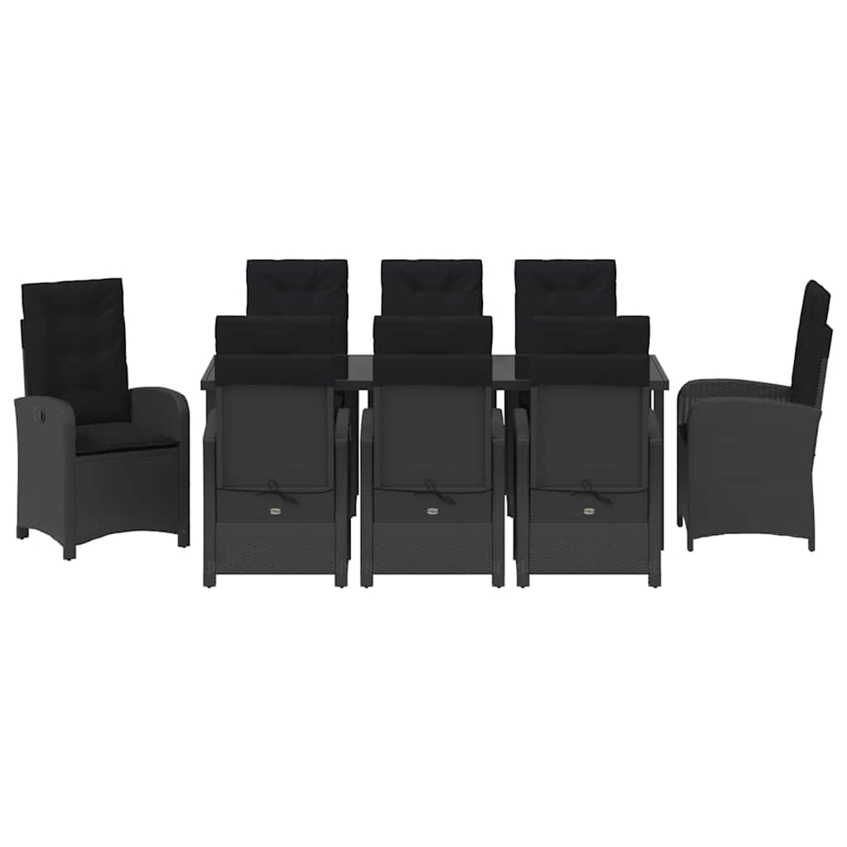 Ein dunkelgraues Ess-Set für den Außenbereich mit einem Tisch und sechs Stühlen. Stühle haben schwarze Kissen. Der Hintergrund ist weiß.