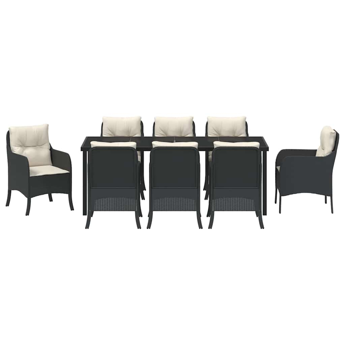Essgruppe für draußen. Schwarzer Tisch und Stühle mit cremefarbenen Kissen. Zwei Sessel flankieren das Set.