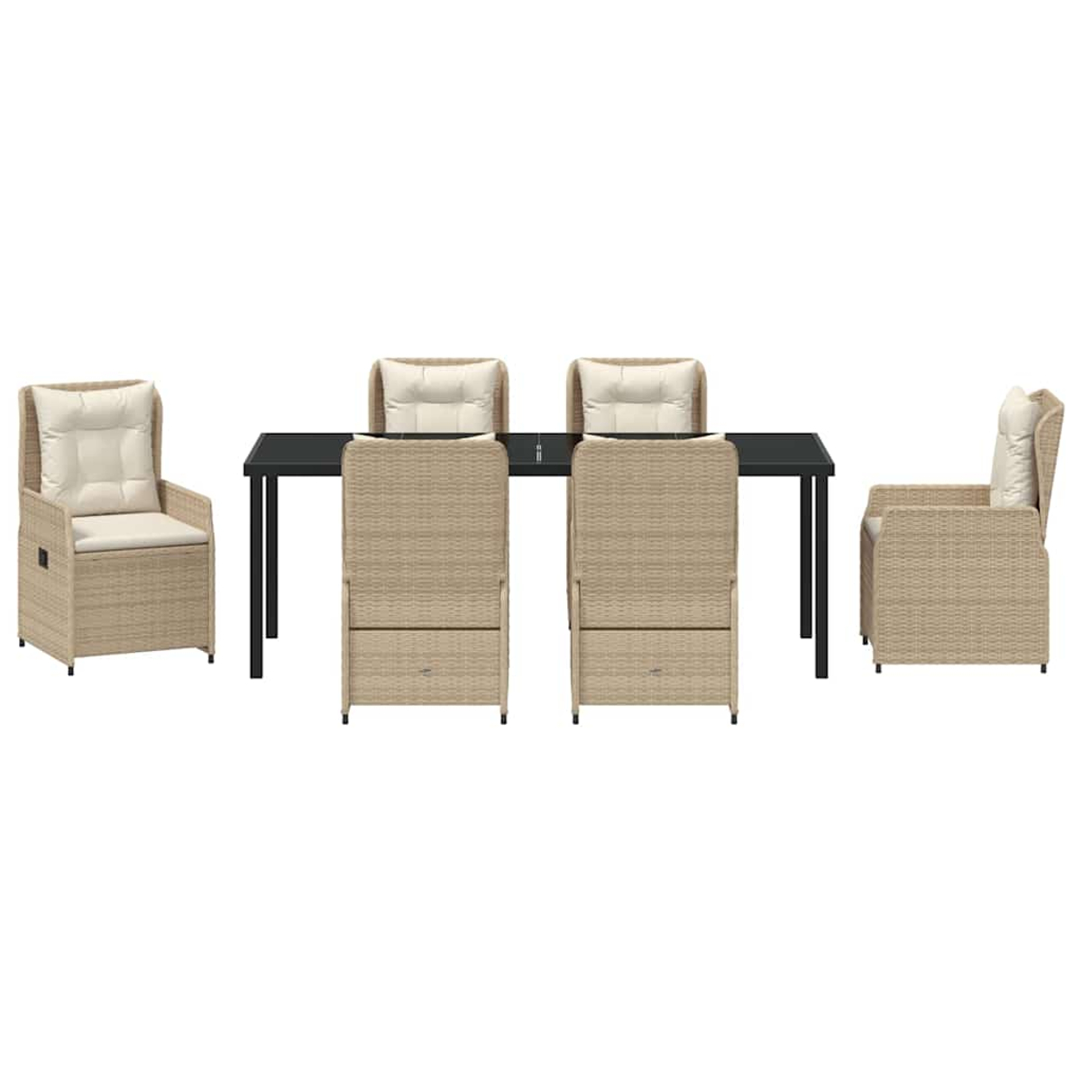 Garten-Essgruppe: Tisch und sechs Korbstühle mit Kissen. Tisch ist schwarz, Stühle sind beige.