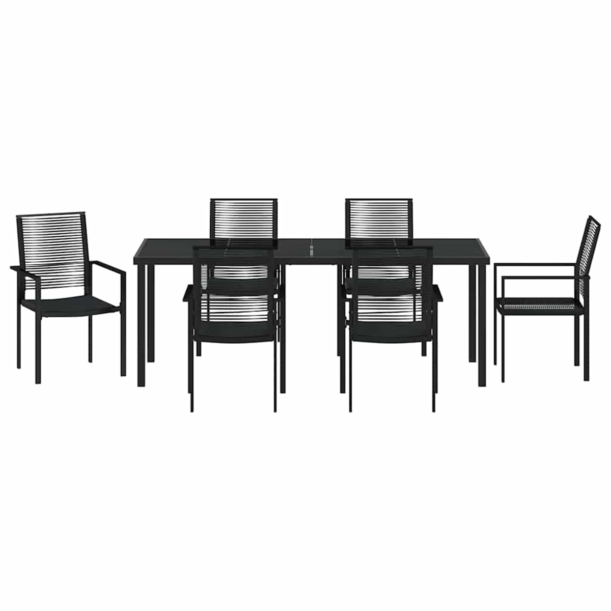 Ein schwarzes Ess-Set für den Außenbereich mit einem rechteckigen Tisch und sechs Stühlen auf weißem Hintergrund. Tisch und Stühle haben schwarze Rahmen.