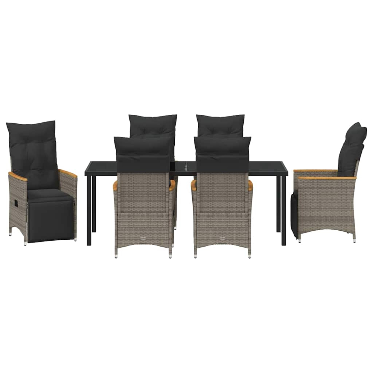 Ein graues Outdoor-Ess-Set aus Korbgeflecht. Es umfasst einen schwarzen Tisch, sechs Stühle mit grauem Korbgeflecht und schwarzen Kissen.